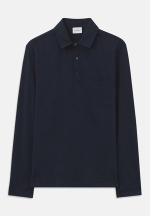 Navy long-sleeve polo shirt made of soft fabric, featuring a classic collar, three-button placket, and a chest pocket.