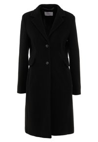 Zwart wollen jas met lange mouwen, notch-kraag, twee voorkwakken en twee knoopsluitingen voor een veilige sluiting. Glad textuur, pasvorm op maat.