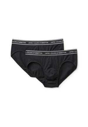 Zwei schwarze Herren-Slips mit elastischem Bund, gebrandet mit "United Colors of Benetton" in weißem Text auf einfachem weißen Hintergrund.