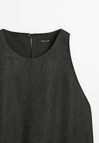 Robe sans manches en denim gris foncé avec encolure ronde et fermeture par boutons dans le dos, montrant le haut de l'avant et l'étiquette intérieure.