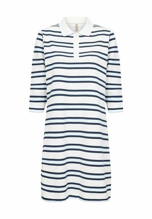 Weißes knielanges Kleid mit marineblauen und hellblauen horizontalen Streifen, Dreiviertelärmeln, weißem Kragen und drei weißen Knöpfen auf der vorderen Blende.