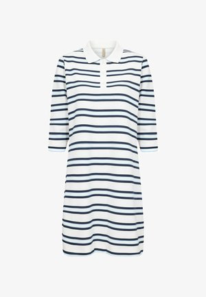 Valge põlveni ulatuv kleit tumesiniste ja helesiniste horisontaalsete triipudega, kolmveerandvarrukad, valge krae ja kolm valget nööpi eesplaketil.