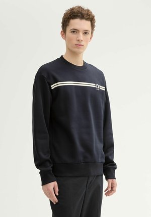 Navyblauer Sweatshirt aus Baumwollmischung mit weißen horizontalen Streifen über der Brust sowie gerippten Bündchen und Saum.