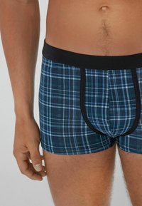 Mužský trup oblečený v modro-zelených kostkovaných boxerkách s černým pasem a lemem, stojící s levou rukou u těla.