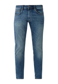 Jean slim bleu avec poches avant et poche monnaie, fermeture par boutons et détails subtils d'aspect délavé sur les cuisses et les genoux.