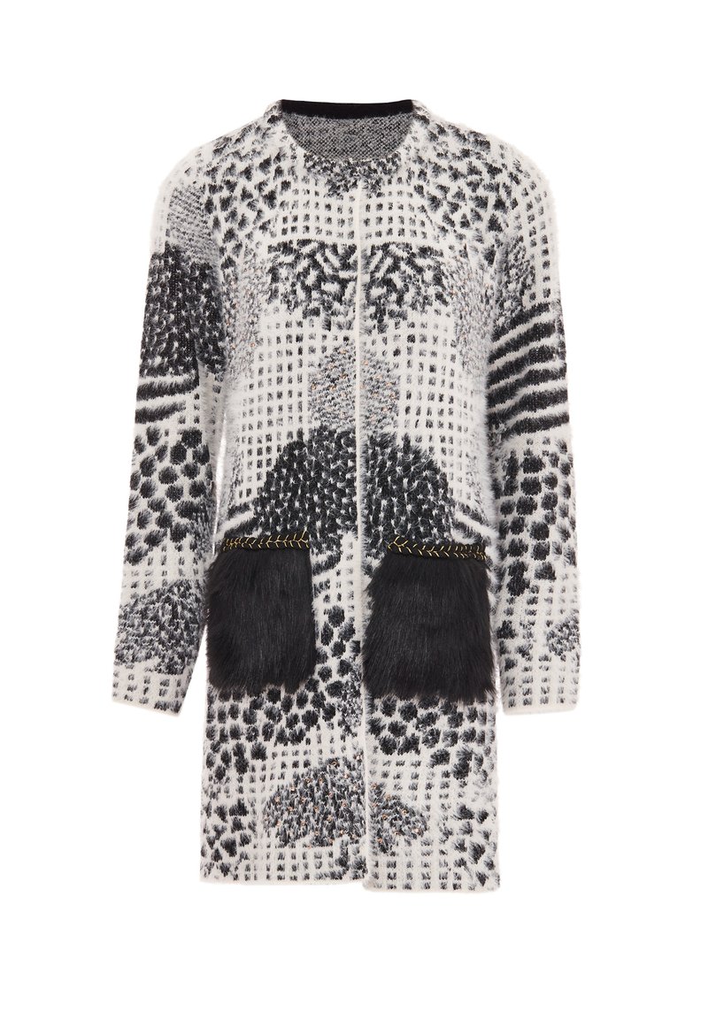 Pletený kardigan s černobílými vzory, s kapsami z umělé kožešiny a akcenty zlatého šití, otevřený přední design a dlouhé rukávy.