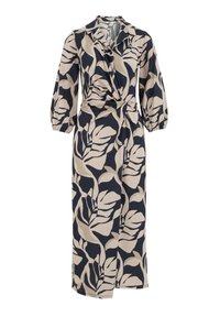 Wickelkleid in Beige und Marineblau mit einem Blättermuster, ausgestattet mit einem Kragen, Dreiviertelärmeln, einem Taillengürtel und einem knielangen Saum.