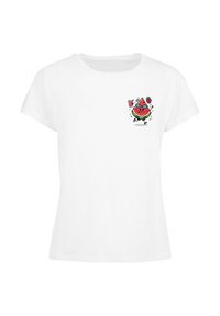 Hvid bomulds t-shirt med et farverigt tegneserie- watermelon figur, der holder en drink og frugt. Korte ærmer og afslappet pasform.