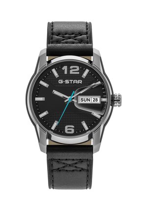 Black dial G-Star wristwatch with silver hour markers, leather strap, blue second hand, and day-date window showing Sunday 28.