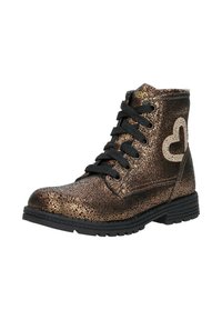 Metalen bronzen enkellaarsjes met een gestructureerde afwerking, zwarte veters en een contrasterend hartdetail aan de zijkant, met een rubberen zool.