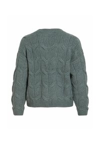 Pull vert en maille avec grand motif torsadé, manches longues, poignets et ourlet côtelés, vu de dos sur fond blanc.
