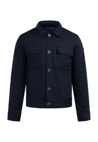 Marineblaue Jacke aus glattem Stoff, mit spitzem Kragen, vorderem Knopfverschluss und zwei Brusttaschen mit Klappen.