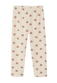 Cream-colored leggings with a soft texture, featuring a repeated pattern of small brown hearts. Elastic waistband for easy wear.