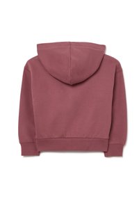Sudadera color burdeos con capucha ajustable, puños y cinturilla de canalé. Textura suave y color sólido, sin patrones ni elementos metálicos visibles.