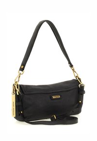 Borsa a mano in pelle nera con design strutturato, dettagli in metallo dorato, tracolla regolabile e una piccola placchetta con logo sul davanti.