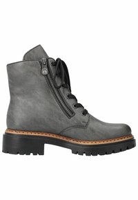 Bottes chevilles en cuir gris avec une finition texturée, dotées d'une fermeture éclair sur le côté, de lacets et d'une semelle en caoutchouc noir épaisse avec un surfilage contrasté.