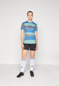 Blå og grøn stribet kortærmet fodboldtrøje, sorte shorts, hvide sokker med blå striber og sorte sko med studs. Adidas-logoet er synligt.