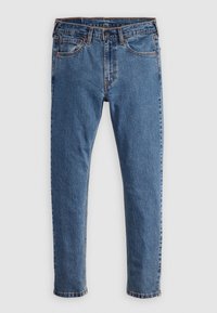 Blå denimjeans har en rak skärning, fem fickor och orange sömmar. Tyget har en strukturerad look med en något blekt finish.