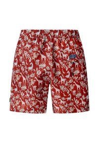 Shorts de bain rouges avec taille élastique, ornés de motifs blancs de girafes et de plantes, et une petite étiquette de la marque Hackett sur la poche arrière droite.