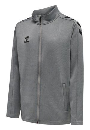 Graue Zip-Jacke mit hohem Kragen, ausgestattet mit schwarzen Schulterakzenten, einem strukturierten Stoff und seitlichen Taschen für zusätzlichen Komfort.