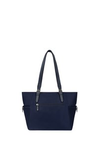 Marine blauwe tote bag met dubbele handvatten, een ritsvak aan de voorkant en zijritsen. Gemaakt van duurzaam stof met een gladde textuur.