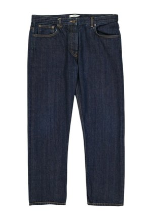 Mørkeblå straight-leg jeans med forlommer, bæltestropper og knaplukning i taljen på hvid baggrund.