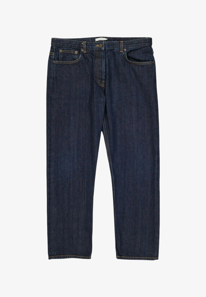 Jean droit en denim bleu foncé avec poches avant, passants de ceinture et fermeture par bouton à la taille sur fond blanc.