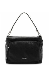 Borsa a mano in pelle nera con un manico singolo, dotata di una tasca con zip sul davanti e un branding sottile. Texture liscia e forma rettangolare.