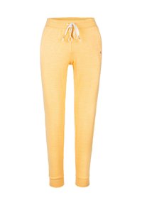Pantaloni da jogging gialli con vita regolabile, gambe affusolate e una texture morbida. Presenta un piccolo dettaglio decorativo sul lato.
