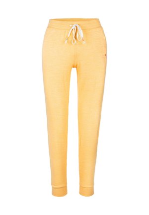 Gula sweatpants med dragsko i midjan, smalnande ben och en mjuk textur. Har en liten dekorativ detalj på sidan.
