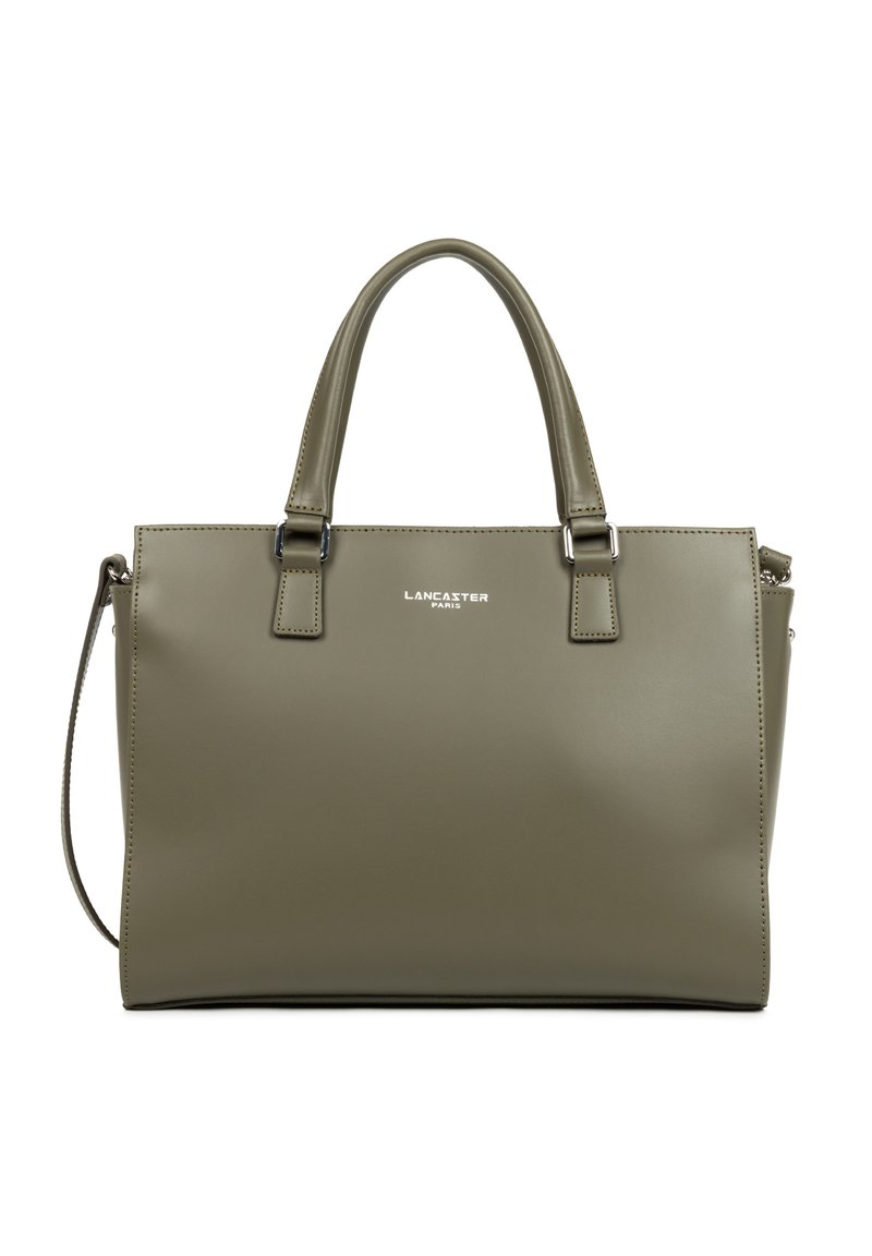 Sac à main en cuir vert olive avec deux poignées supérieures, une bandoulière réglable, des finitions en métal argenté et une forme carrée. Logo de la marque à l'avant.