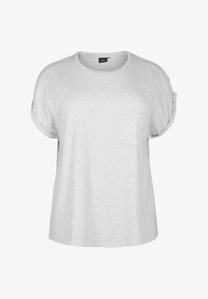 Graues gestreiftes T-Shirt aus weichem Material, mit rundem Ausschnitt, umgeschlagenen kurzen Ärmeln und einer Brusttasche auf der linken Seite.