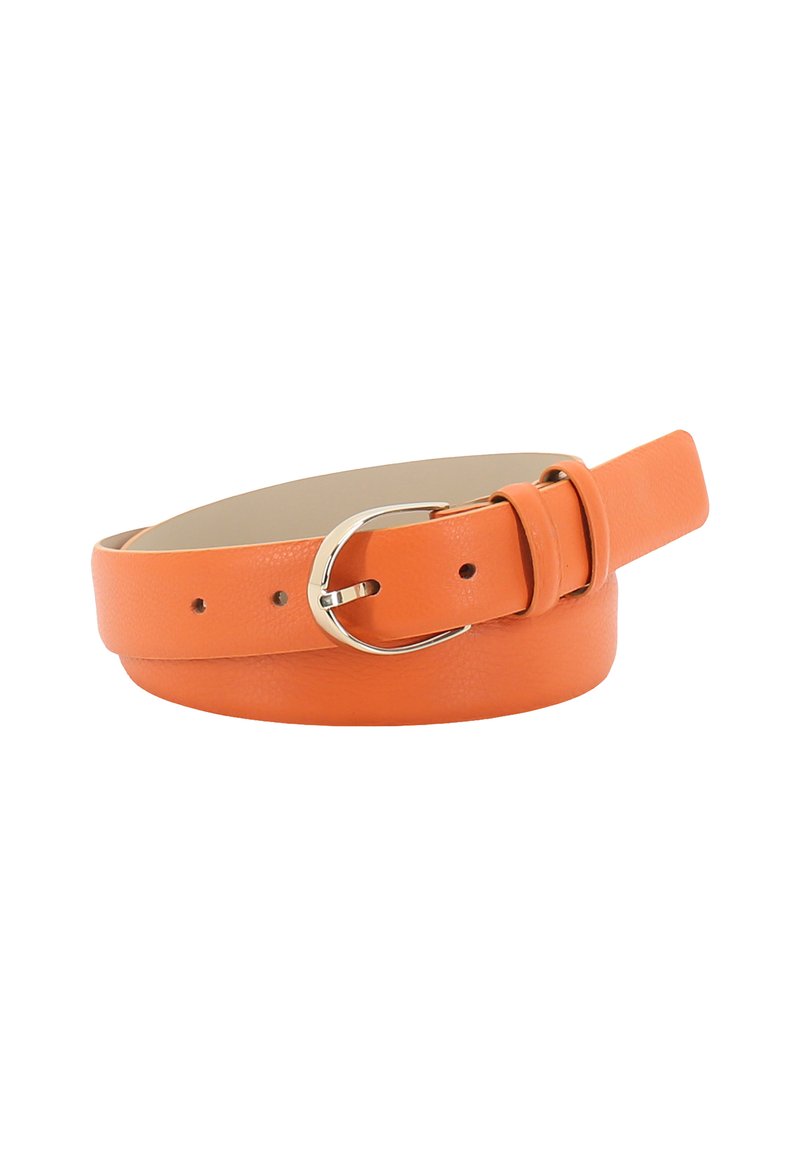 Orange leather belt with a smooth texture, featuring a silver metal buckle and one adjustable belt loop. Classic design with perforated holes.