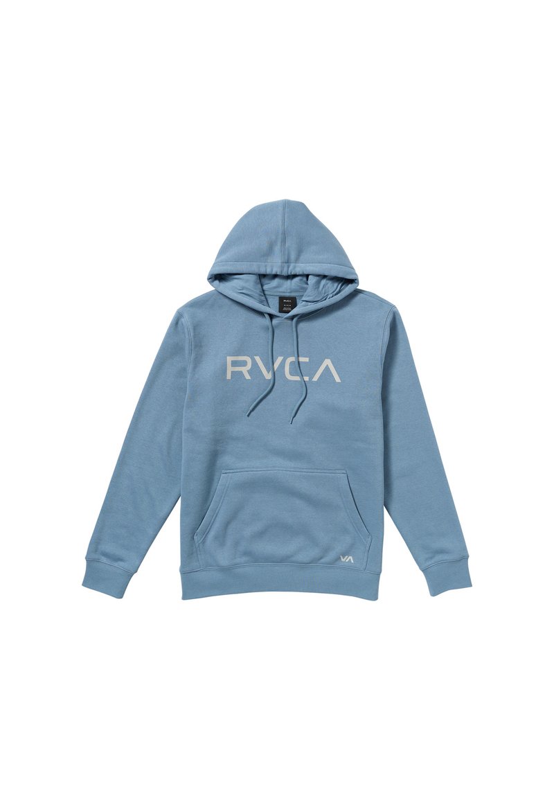 Haut à capuche bleu clair avec une poche sur le devant, une capuche à cordon et un logo RVCA blanc. Fabriqué en tissu doux avec des poignets et un ourlet côtelés.