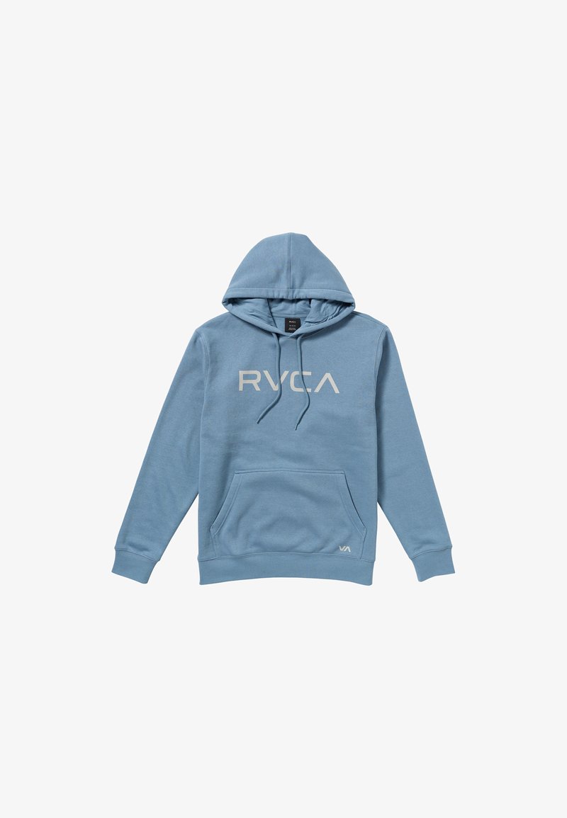 Felpa azzurra chiara con tasca frontale, cappuccio con cordino e logo bianco RVCA. Realizzata in tessuto morbido con polsini e orlo a coste.