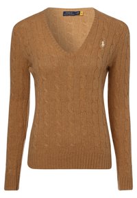 Kamelbrun kabelstickad V-ringad långärmad tröja med ribbad muddar och nederkant, med en liten broderad Polo Ralph Lauren-logotyp på bröstet.