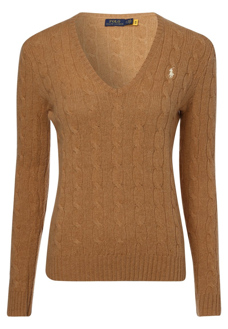 Kamelbrun kabelstickad V-ringad långärmad tröja med ribbad muddar och nederkant, med en liten broderad Polo Ralph Lauren-logotyp på bröstet.