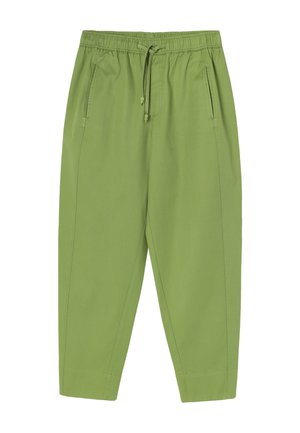 Pantaloni verde deschis, croială lejeră, cu talie elastică, șnur, buzunare laterale cu fermoar și picioare conice.