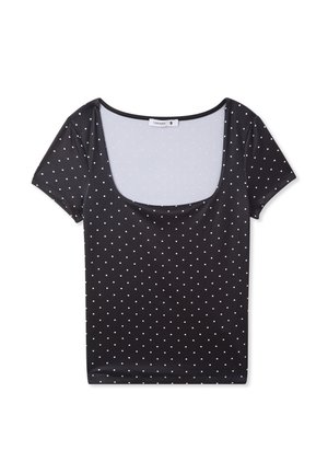 Top corto nero a maniche corte con scollatura ampia, dal tessuto liscio e con un motivo a pois bianchi su tutta la superficie.