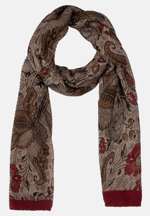 Écharpe marron clair avec de grands motifs floraux et de feuilles marron, rouges et gris, finie par une bordure rouge foncé.