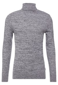 Pull à col roulé gris en tissu maille texturé. Présente des manches longues, un design ajusté, et un ourlet et col côtelés.