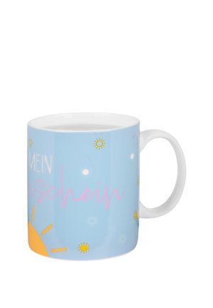 White mug with light blue background, small yellow suns, and partial orange sun graphic, featuring pink and white text on the side.