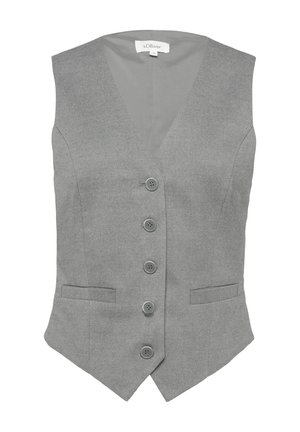 Gilet gris sans manches avec un col en V, cinq boutons à l'avant et deux poches à l'avant ; fabriqué en tissu texturé avec une coupe ajustée.