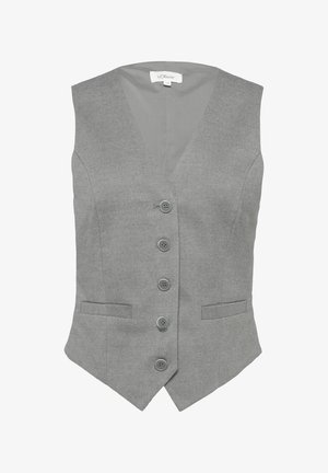 Szary bezrękawnik z dekoltem w kształcie litery V, pięcioma guzikami z przodu i dwiema przednimi kieszeniami; wykonany z teksturowanej tkaniny o dopasowanym kroju.