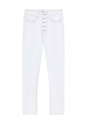 Jeans bianchi a vita alta con chiusura a bottone caratterizzati da cinque bottoni, quattro tasche e cuciture a contrasto. Tessuto morbido.