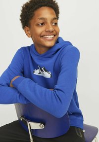 Blaues Kapuzenshirt mit Logo auf der Vorderseite, aus weichem Stoff. Kontrastierende Details an den Bündchen, lockere Passform. Sitzt auf einem blauen Stuhl, Arme verschränkt.