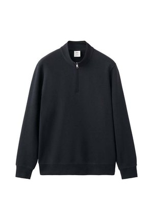 Pullover nero a maniche lunghe con collo a mezza zip, polsini e orlo a costine, mostrato su sfondo bianco.