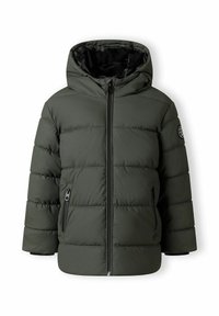 Grön vadderad jacka med huva, med en framzipper, två dragkedjefickor på sidorna och en logotyp på ärmen.