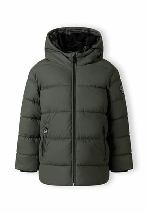 Groene gewatteerde jas met een capuchon, voorzien van een voorrits, twee zijzakken met rits en een logo-opdruk op de mouw.