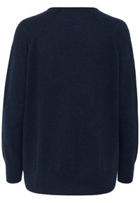 Dunkelblauer langärmeliger Strickpullover mit gerippten Bündchen und Saum, von hinten gezeigt.